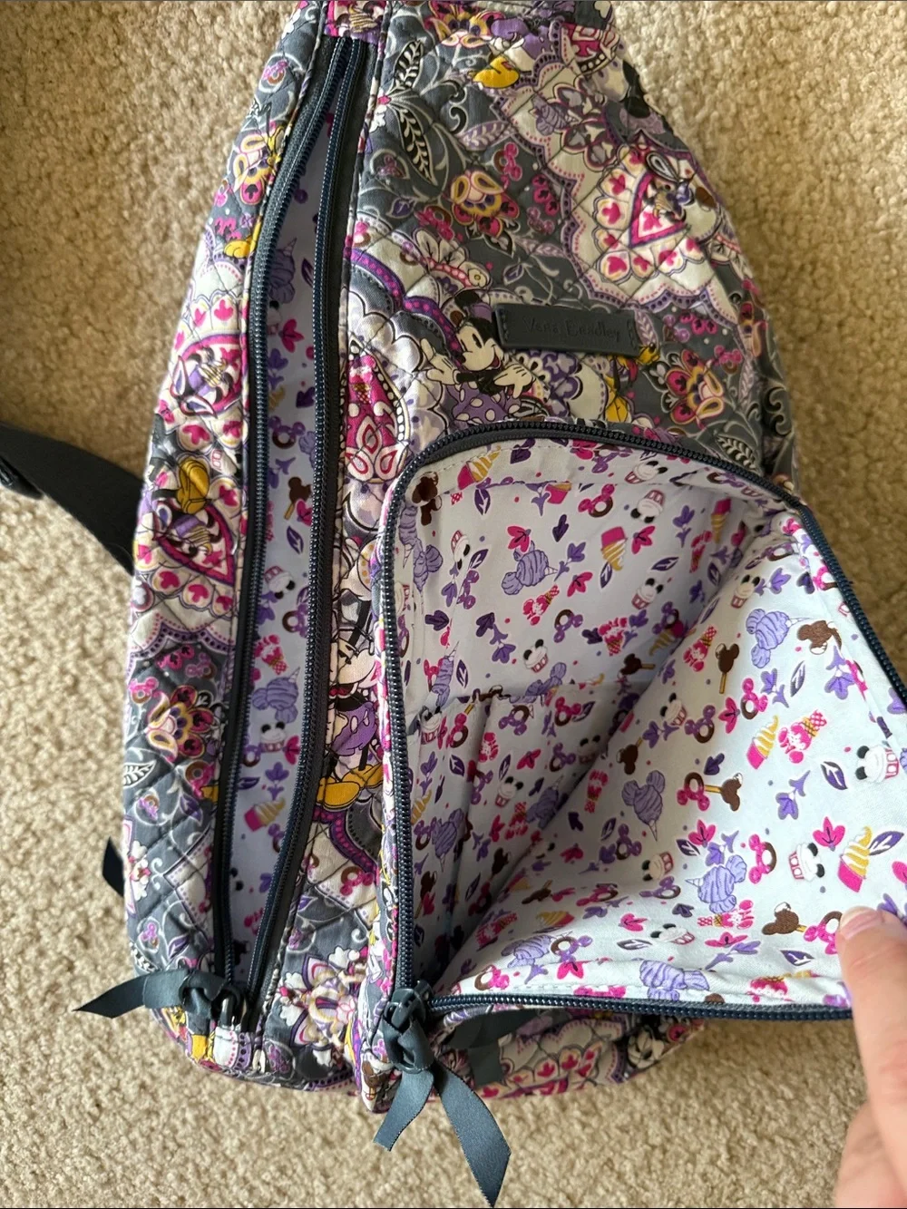 Vera Bradley Disney Pattern Gray and Purple Paisley Sling Backpack